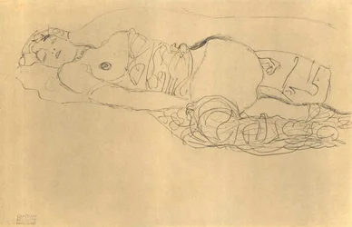 Liggende halve naakt naar links met opgetrokken dijen